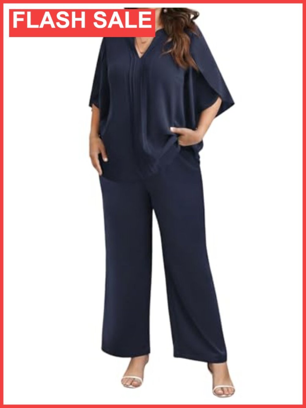 Plus Size Pantsuit Set 3/4 Sleeve Top Wide Leg Pants Work Wedding Guest